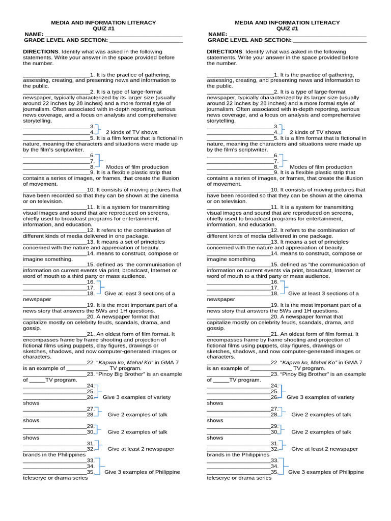 Media and Information Literacy Quiz | PDF | Mass Media | Image