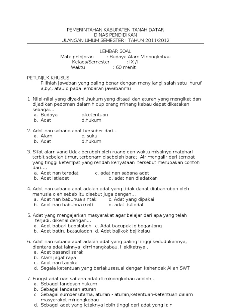 Soal Bam Kls Vii I
