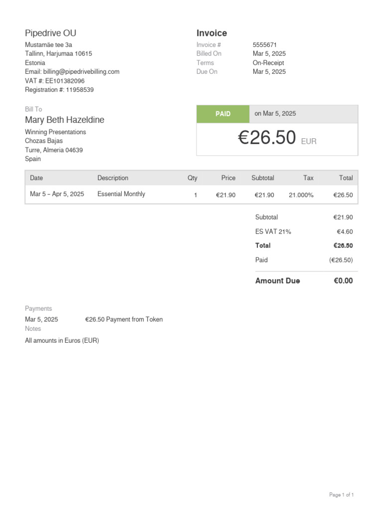 Pipedrive Invoice #5555671 Details | PDF
