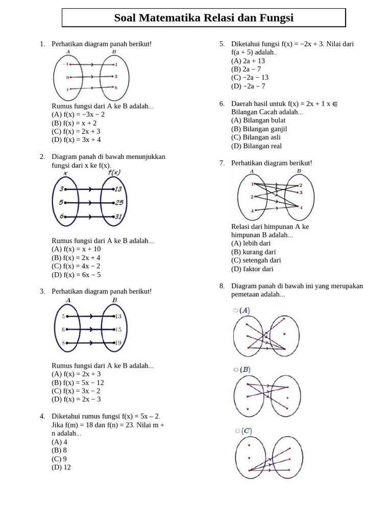Soal Latihan Relasi dan Fungsi Kelas 8 | PDF