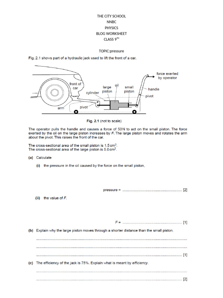 Class 9 Physics: Pressure Worksheet | PDF