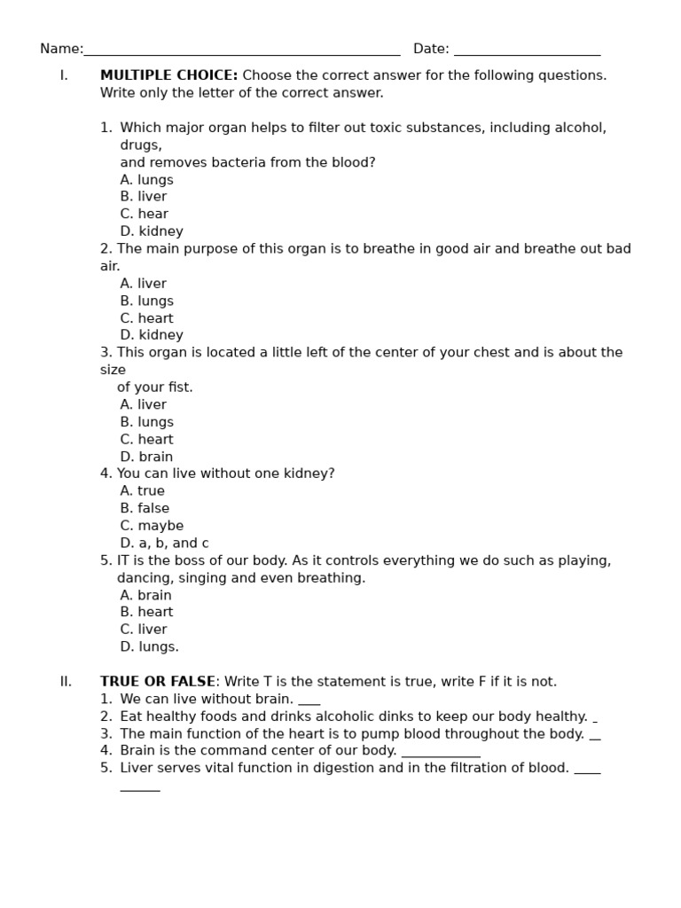 Human Body Organ Quiz: MCQ & True/False | PDF