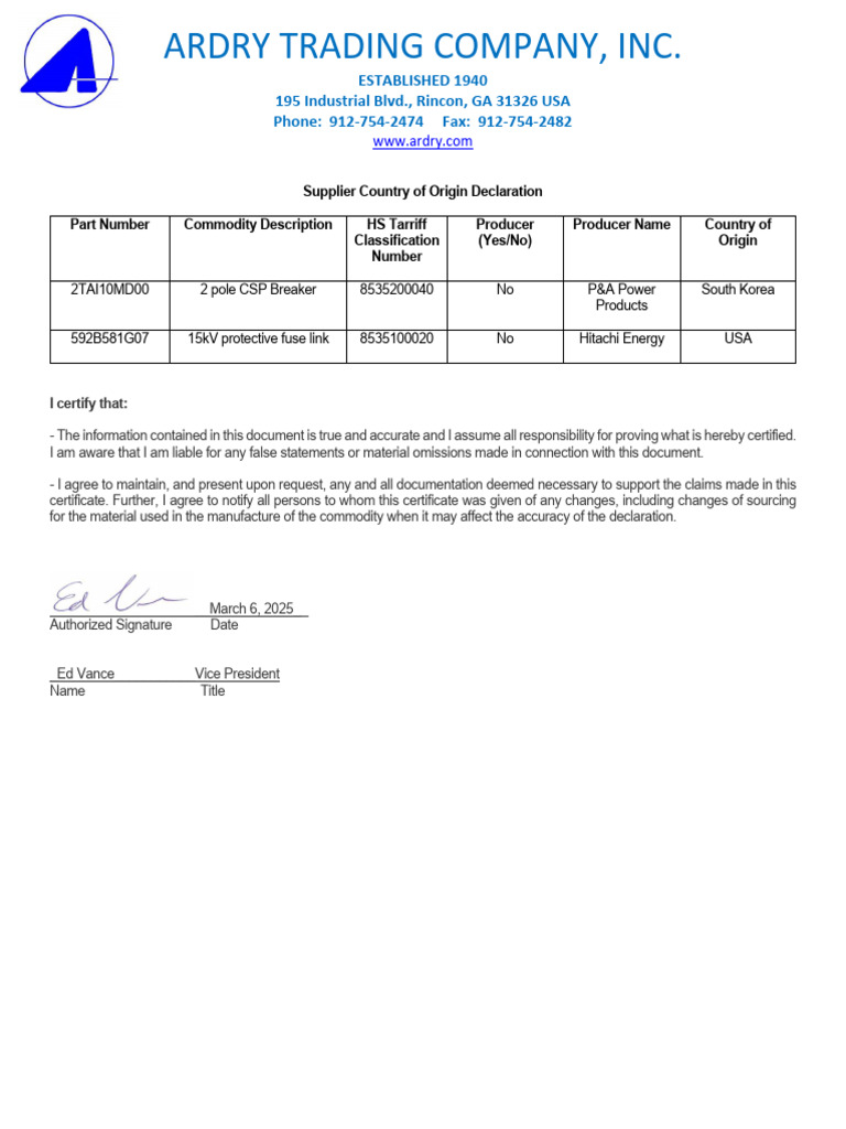 Ardry Trading Company HS Tariff Declaration | PDF