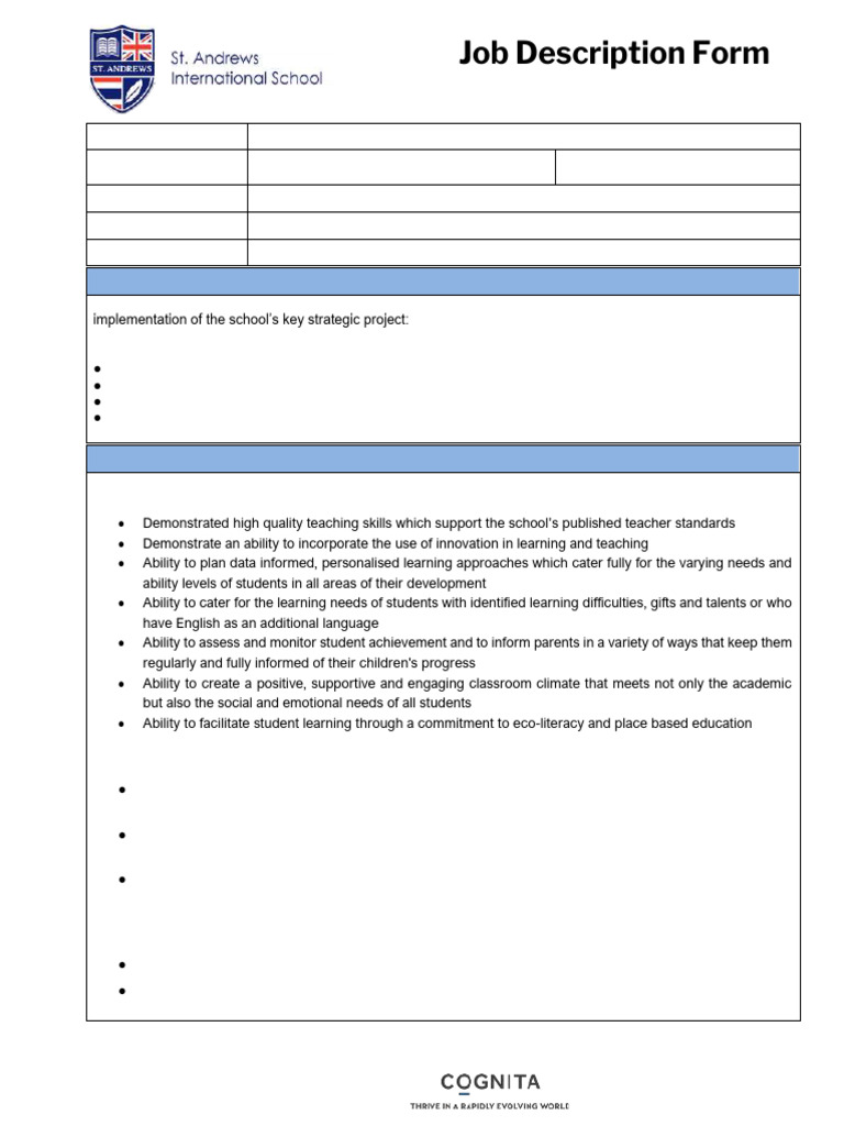 Primary Teacher Job Description - St. Andrews | PDF | Teachers | Learning