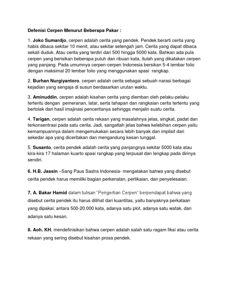 Defenisi Cerpen Menurut Beberapa Pakar