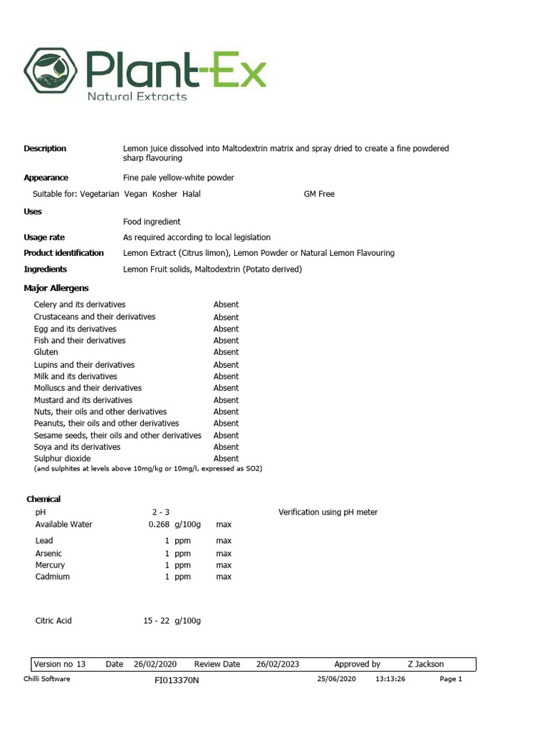 Lemon Juice Powder Specification Guide | PDF | Lemon | Juice