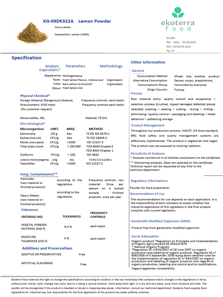 Lemon Powder Quality Specifications | PDF | Foods
