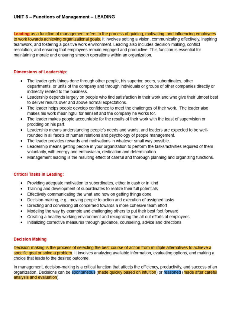 UNIT 3 - Functions of Management - LEADING Notes | PDF | Decision ...