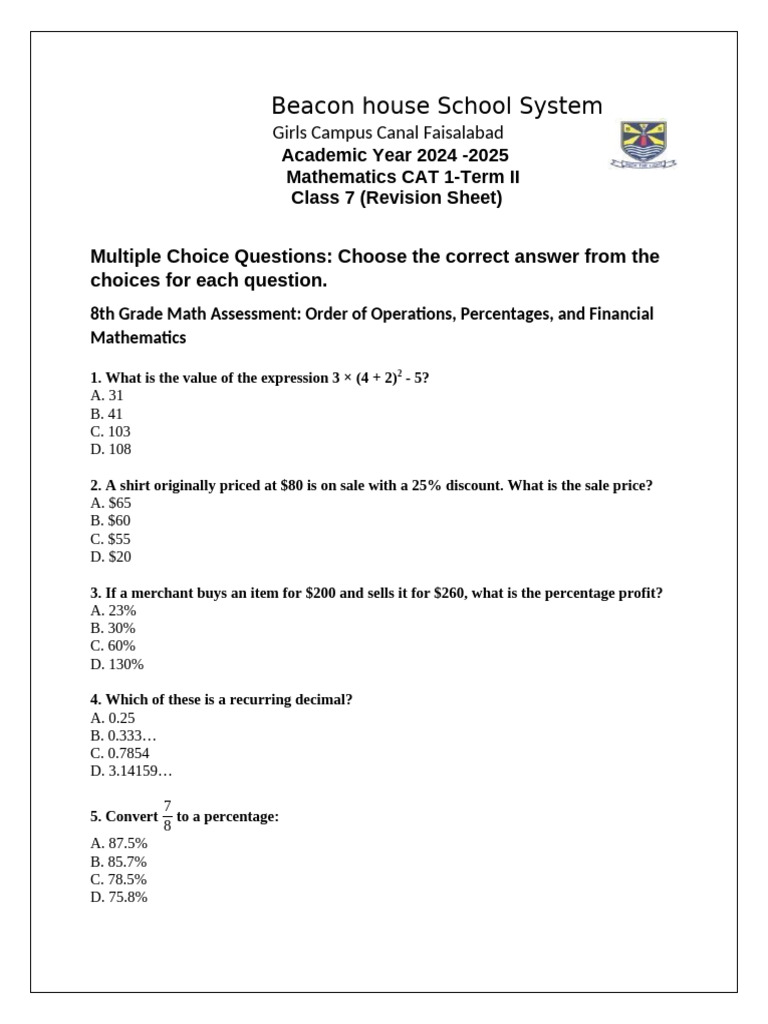 Class 7 Math Revision Sheet 2024-2025 | PDF | Percentage | Mathematics
