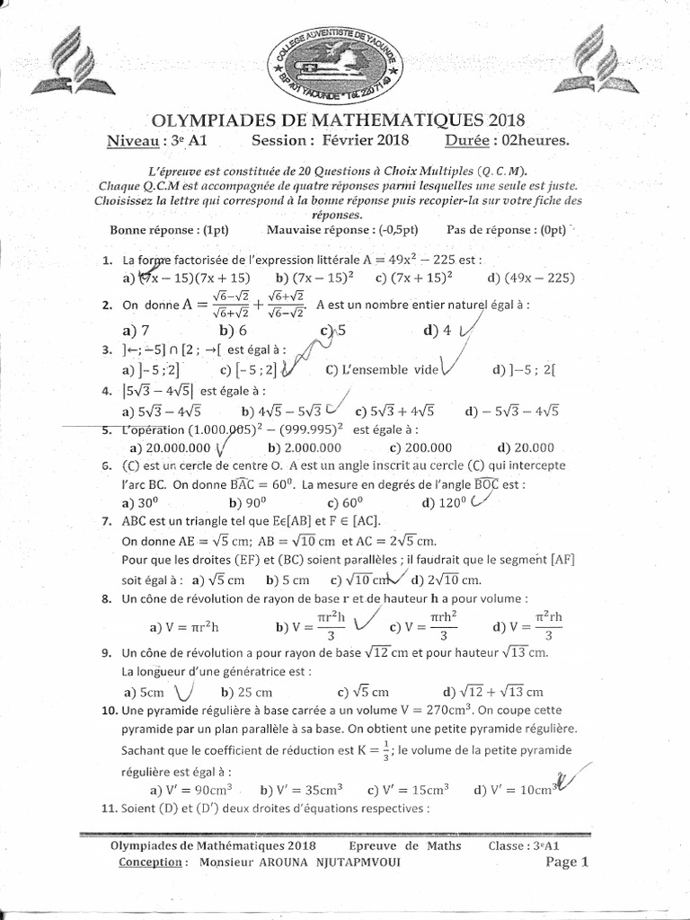 Coll Advantiste Olympiades Maths 2018 | PDF