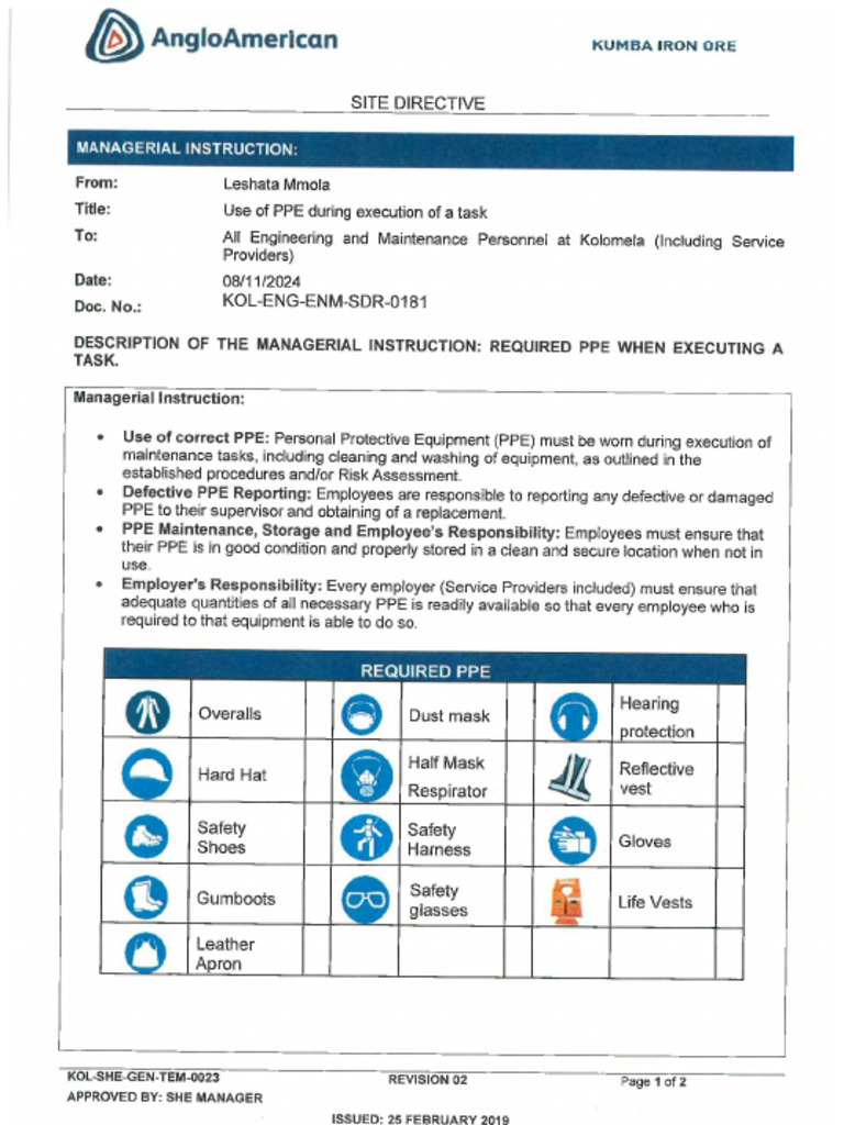 Managerial Instruction KOL ENG ENM-SDR-0181 Use of PPE During Execution ...