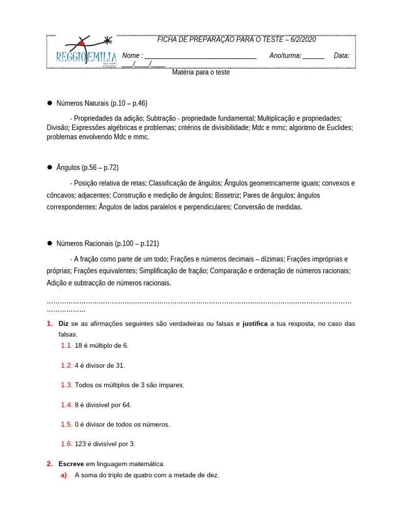 Ficha de Preparação para Teste de Matemática | PDF | Número racional ...