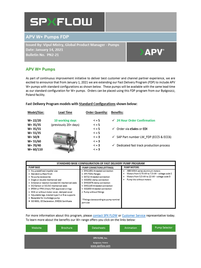 APV W+ Pumps Fast Delivery Program | PDF | Turbomachinery
