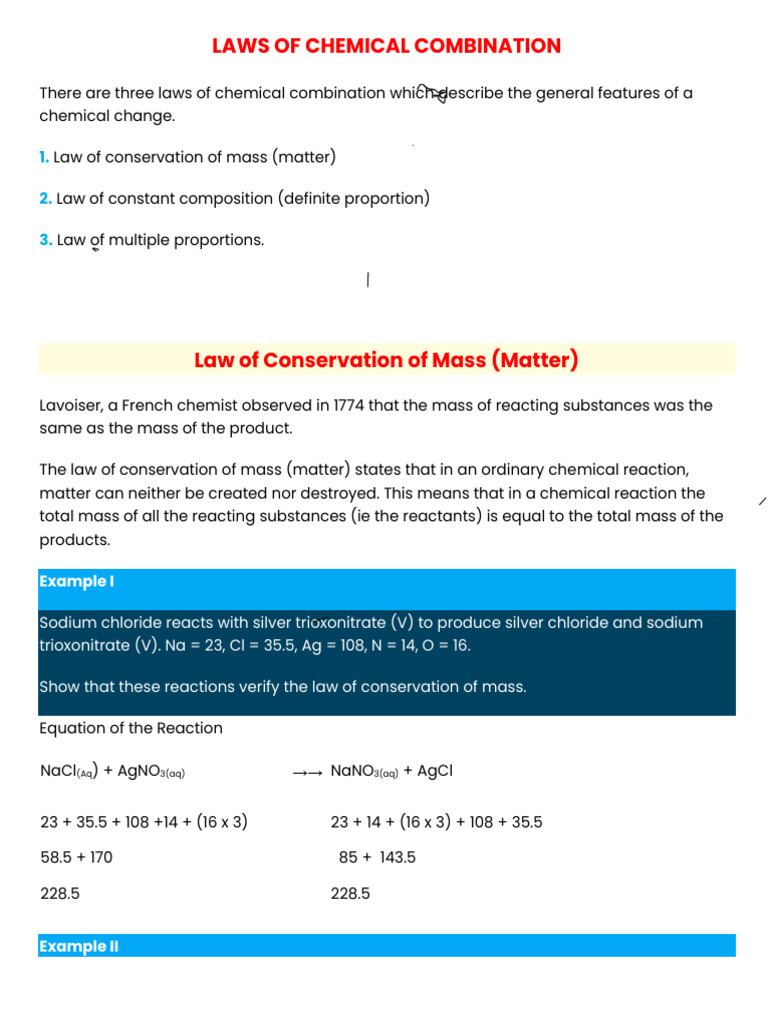 Laws of Chemical Combination Explained | PDF | Chemical Reactions ...