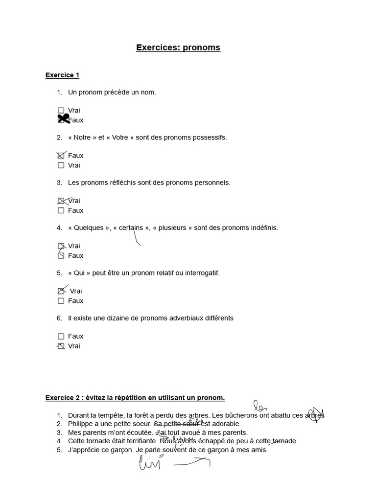 Exercices sur les pronoms à imprimer | PDF | Pronom | Linguistique