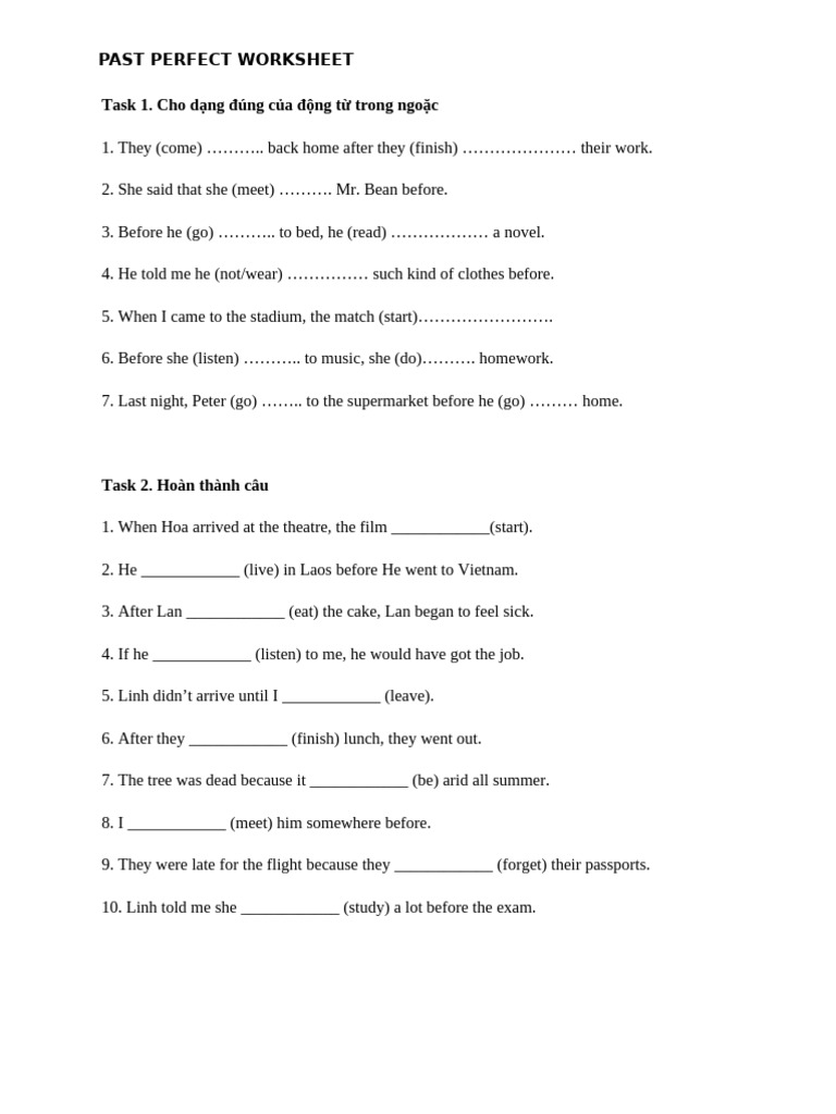 Past Perfect Tense Practice Worksheet | PDF