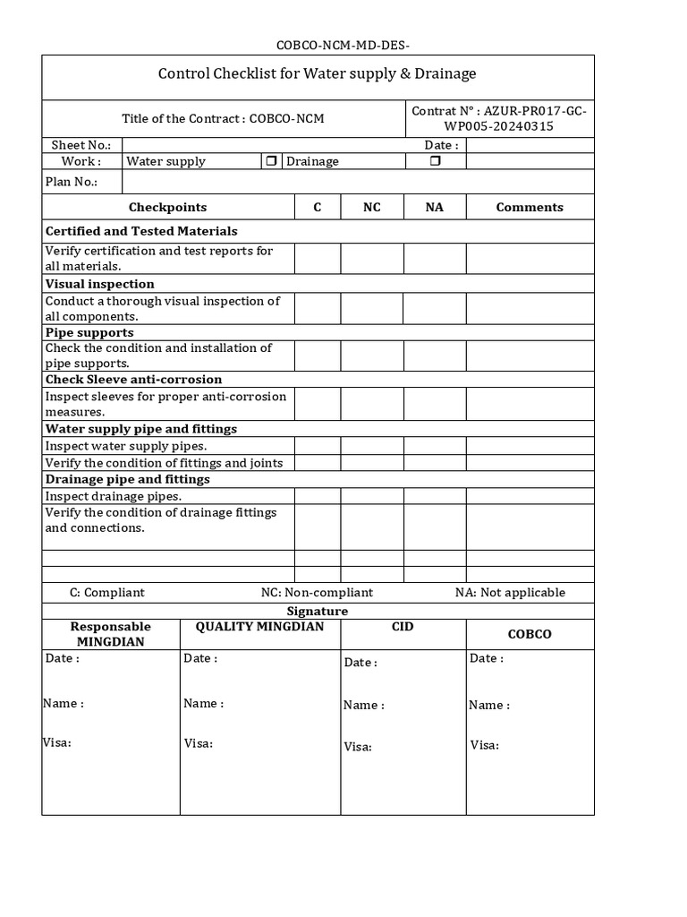 Water Supply & Drainage Control Checklist | PDF