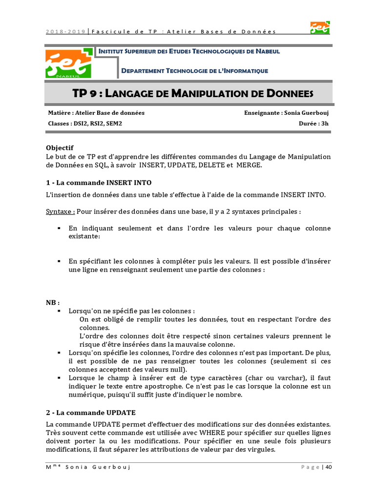 TP SQL : Manipulation de Données | PDF | SQL | Logiciel de gestion des ...