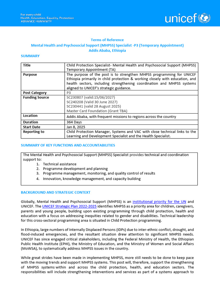 MHPSS Specialist Role in Ethiopia | PDF | Capacity Building