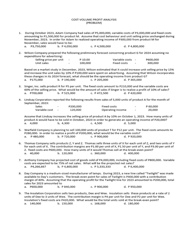 Cost Volume Profit Analysis Problem Questions 30 Items | PDF | Business ...
