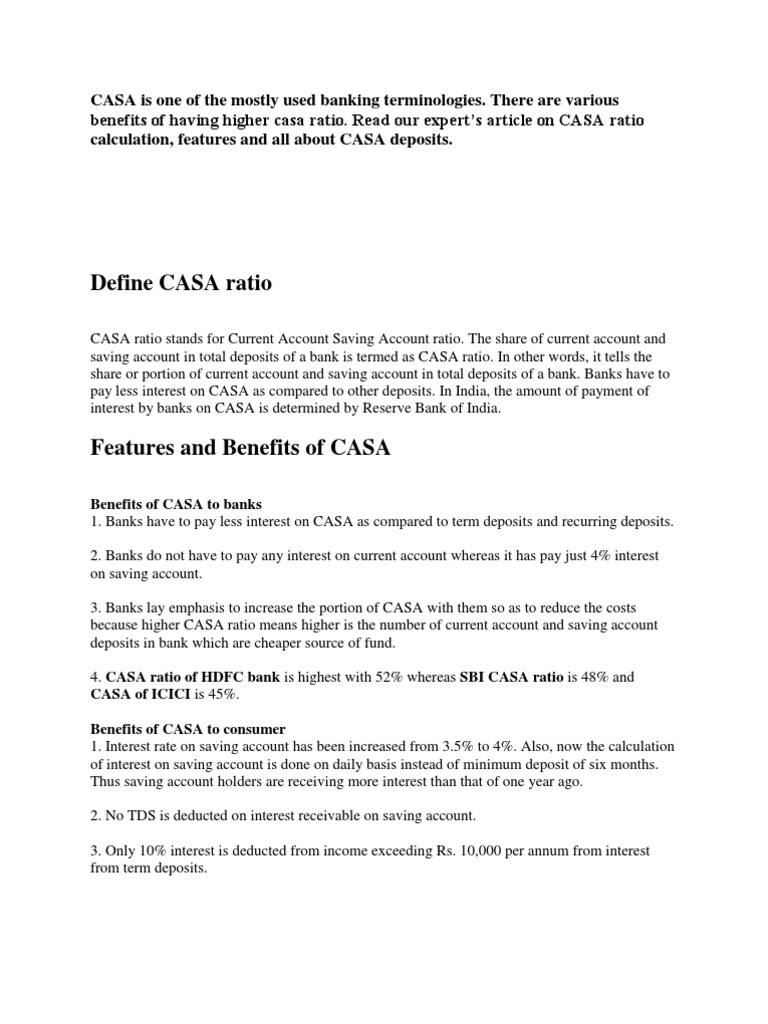 Define Casa Ratio Benefits Of Casa To Banks Pdf Interest Deposit