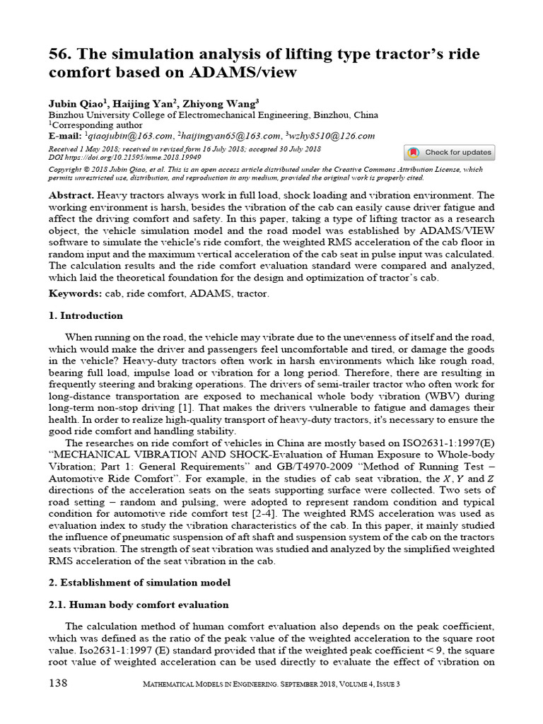 The simulation analysis of lifting type tractor’s ride comfort based on ...