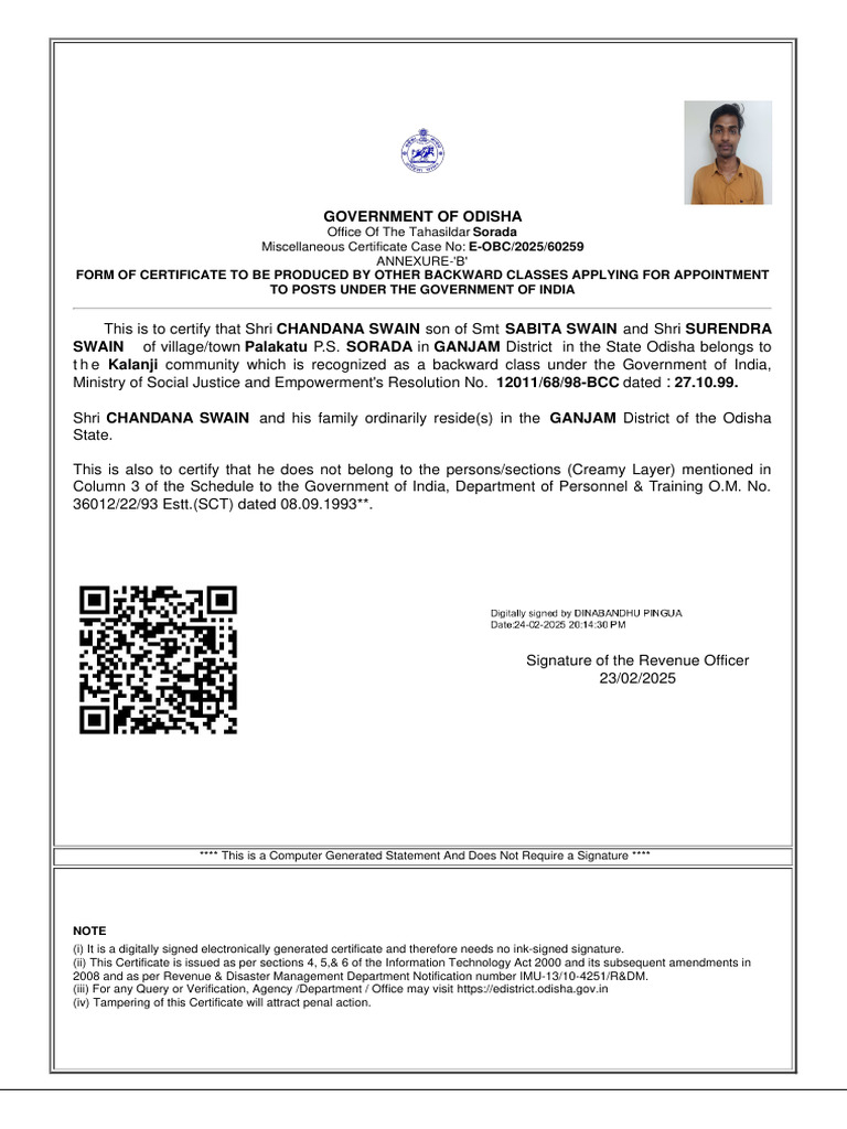 OBC Certificate for Government Jobs in Odisha | PDF