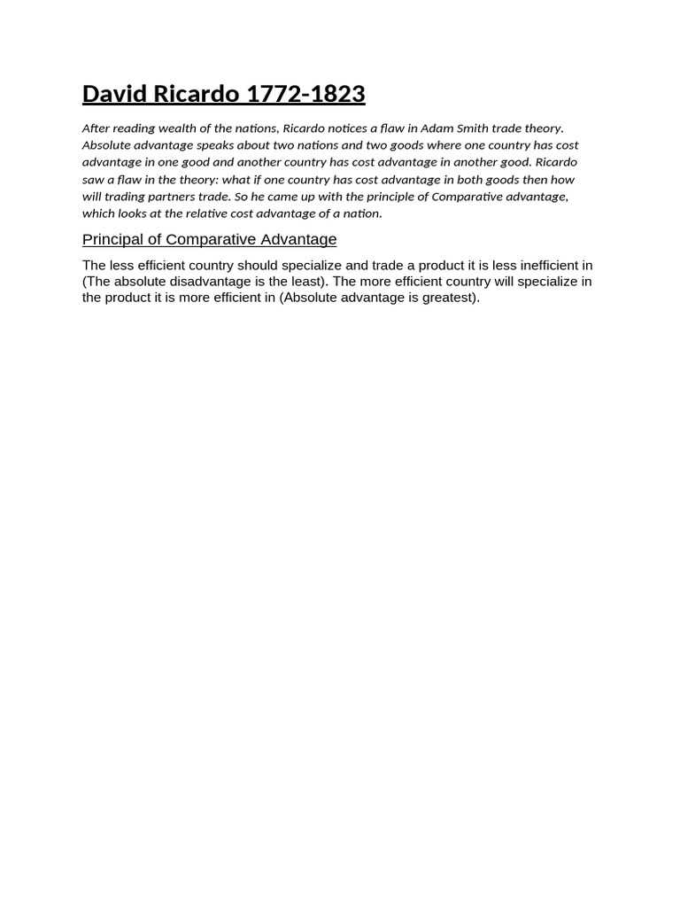 David Ricardo's Comparative Advantage Theory | PDF