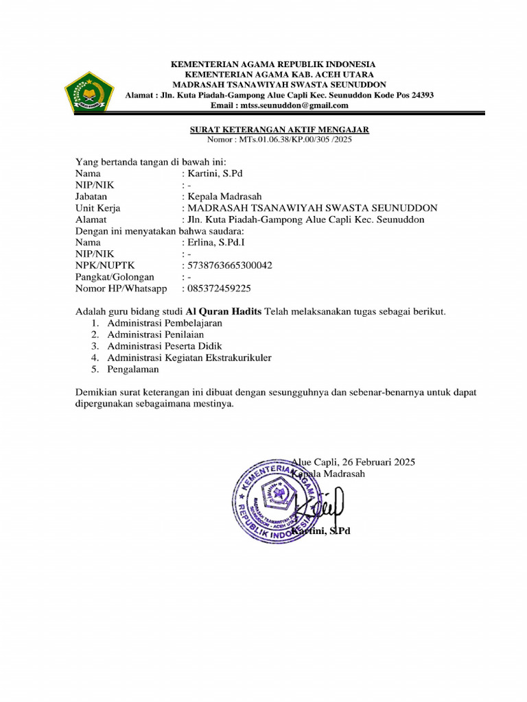 SURAT RPL Erlina - 1 | PDF
