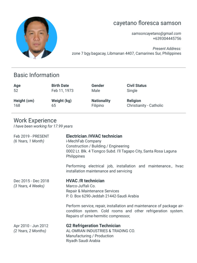 HVAC Technician CV - Cayetano Samson | PDF | Electromechanical ...