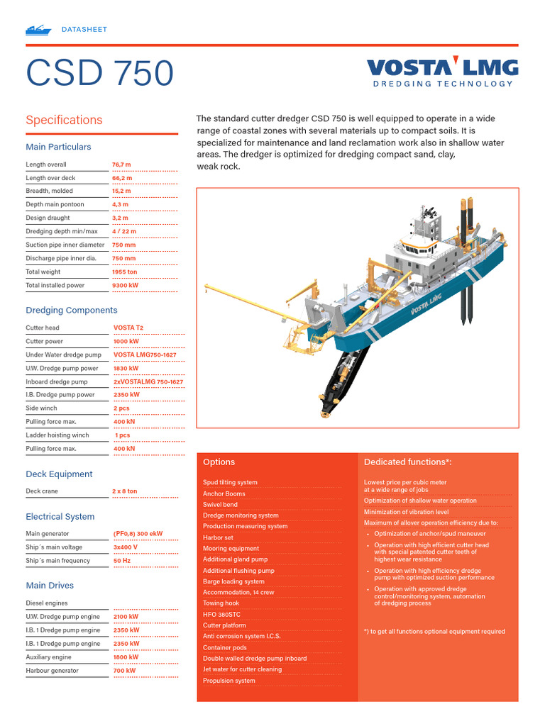 CSD 750 Dredger Specifications & Features | PDF | Dredging | Pump