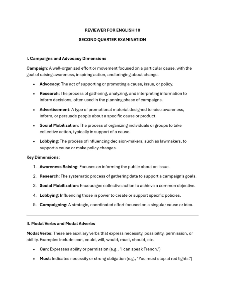 Reviewer For English 10 Q2 PDF | PDF | Argument | Verb