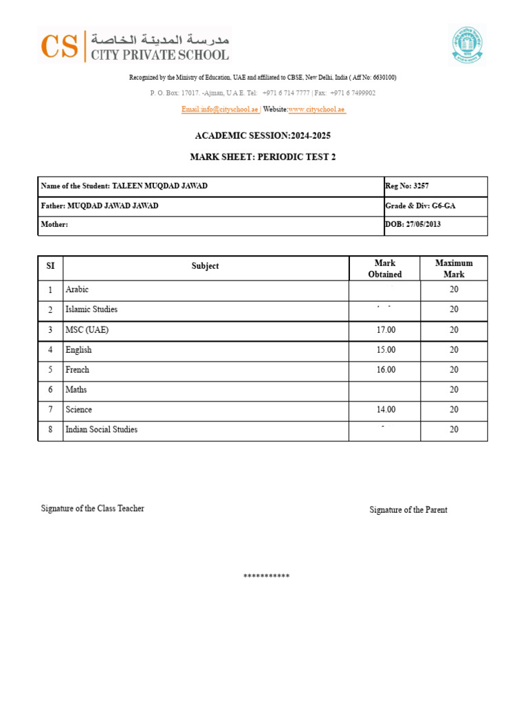 G6 Periodic Test 2 Mark Sheet 2024-25 | PDF