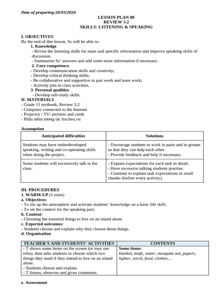 Grade 11 Listening & Speaking Lesson Plan | PDF | Skill | Information