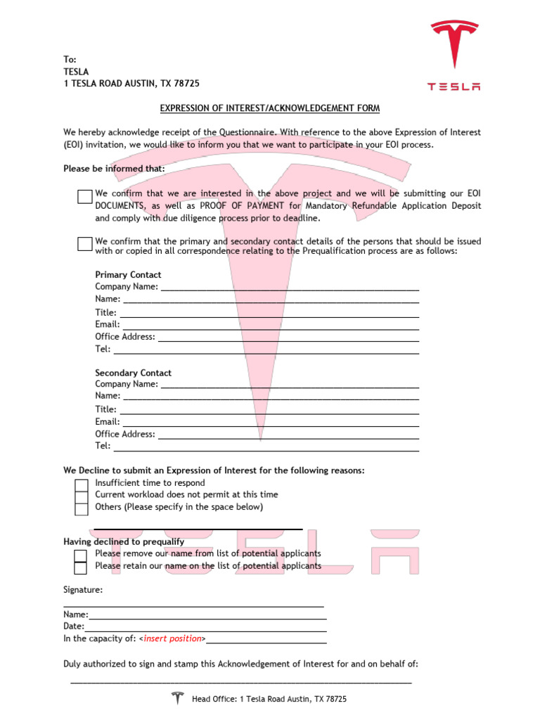 Tesla EOI Acknowledgement Form | PDF