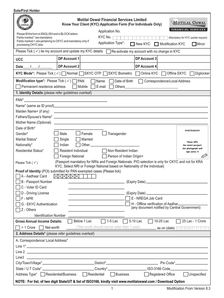 Motilal Oswal KYC Application Form | PDF | Identity Document ...