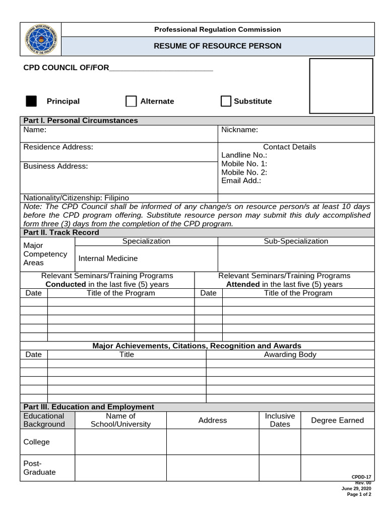CPDD-17 Resource Person Resume | PDF