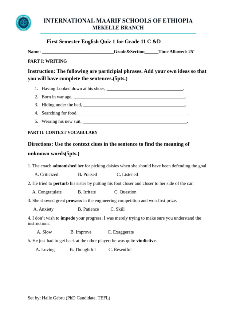 First Semester English Quiz 1 For Grade 11 C | PDF