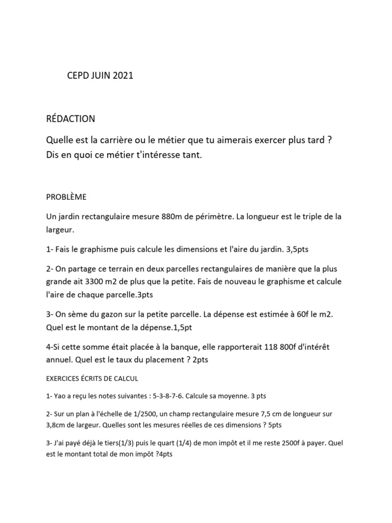 Épreuves CEPD Togo 2021: Exemples et Calculs | PDF | Phrase