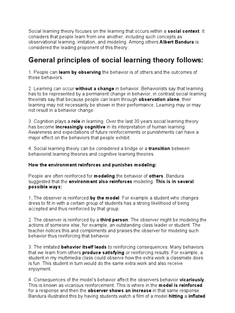 Social Learning Theory Overview | PDF | Reinforcement | Self Efficacy