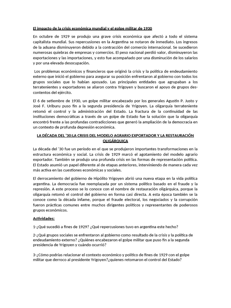 El Impacto de La Crisis Económica Mundial y El Golpe Militar de 1930 ...