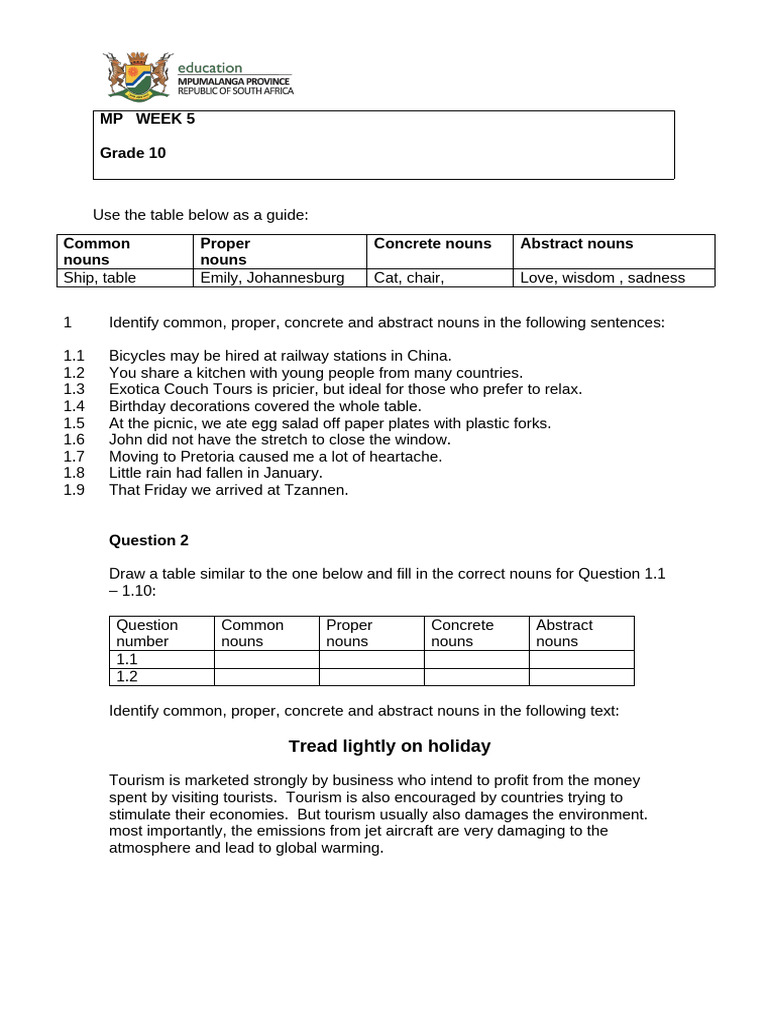 Noun Types Worksheet for Grade 10 | PDF