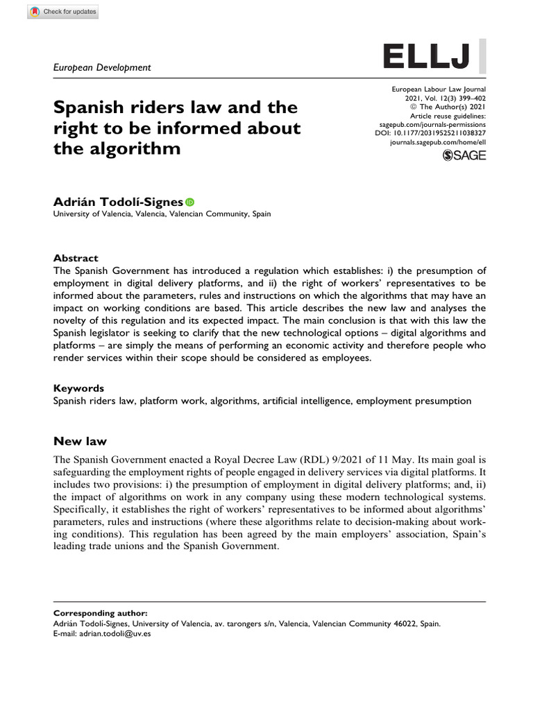 Spanish Riders Law on Algorithmic Work | PDF | Employment | Labour Law