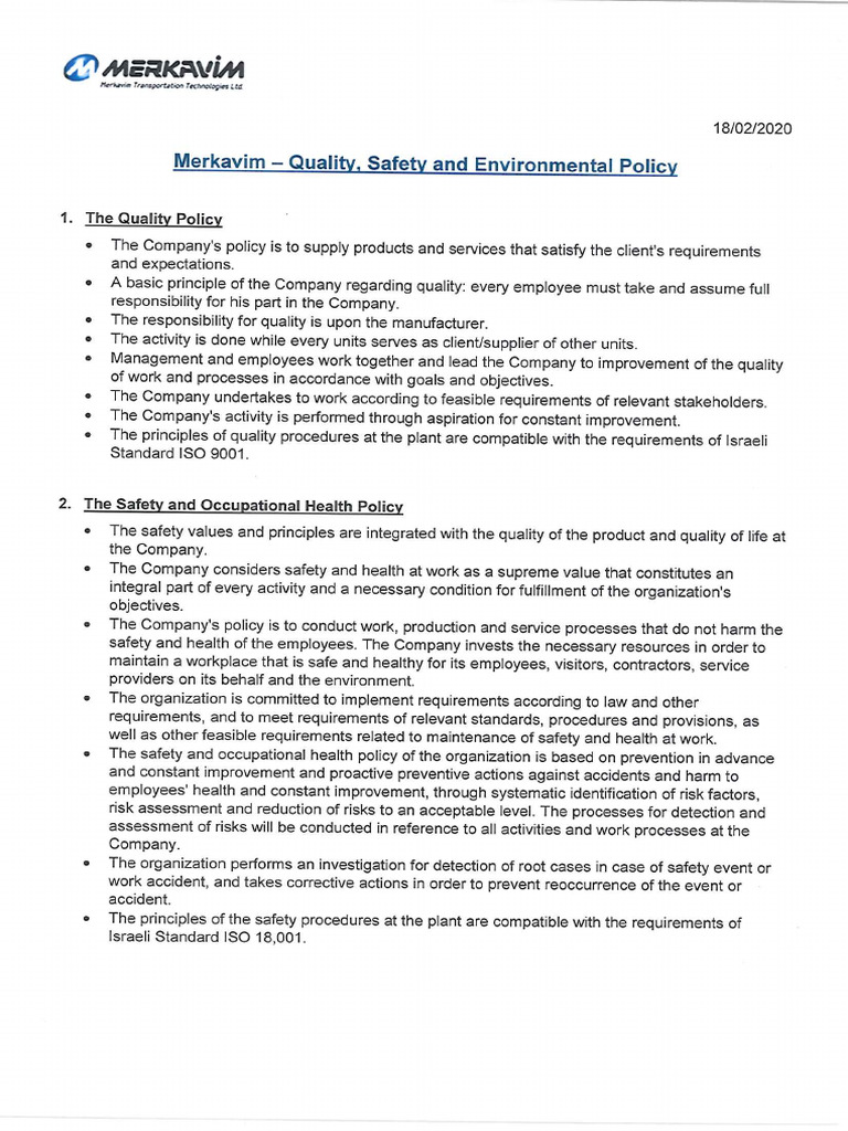 Merkavim Quality, Safety and Environmental Policy 18.2.20 | PDF