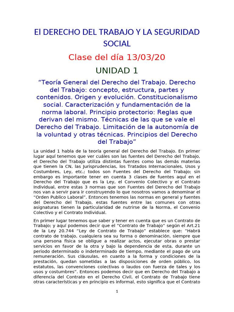 Derecho Del Trabajo y La Seguridad Social Unidad 1 | PDF | Derecho ...