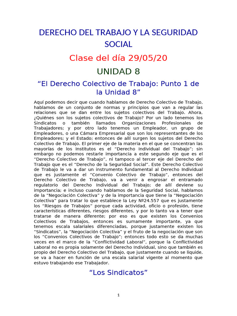 Derecho Del Trabajo y La Seguridad Social Unidad 8 Derecho Colectivo ...