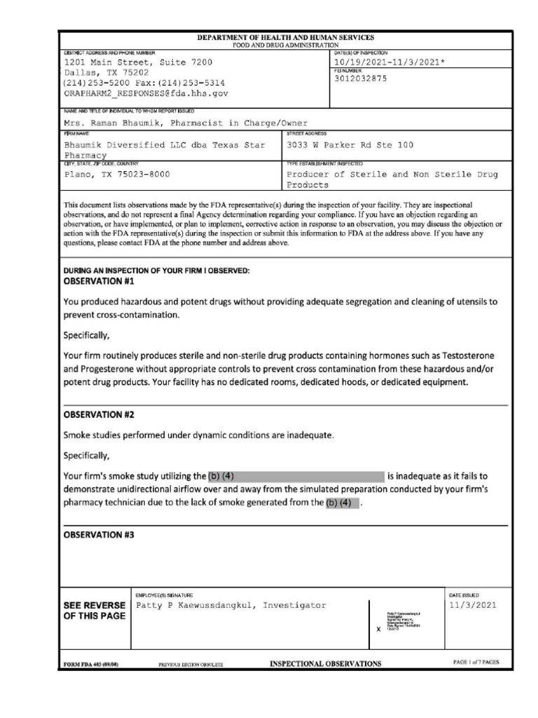 FDA Inspection Report: Texas Star Pharmacy | PDF | Food And Drug ...