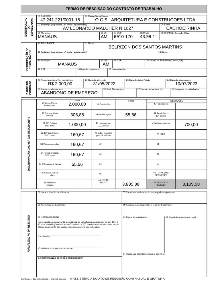 Termo de Rescisão de Contrato de Trabalho | PDF | Férias trabalhistas ...