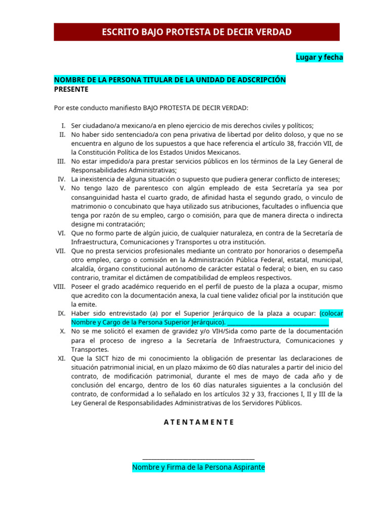 Carta bajo protesta de decir verdad | PDF | México | Justicia