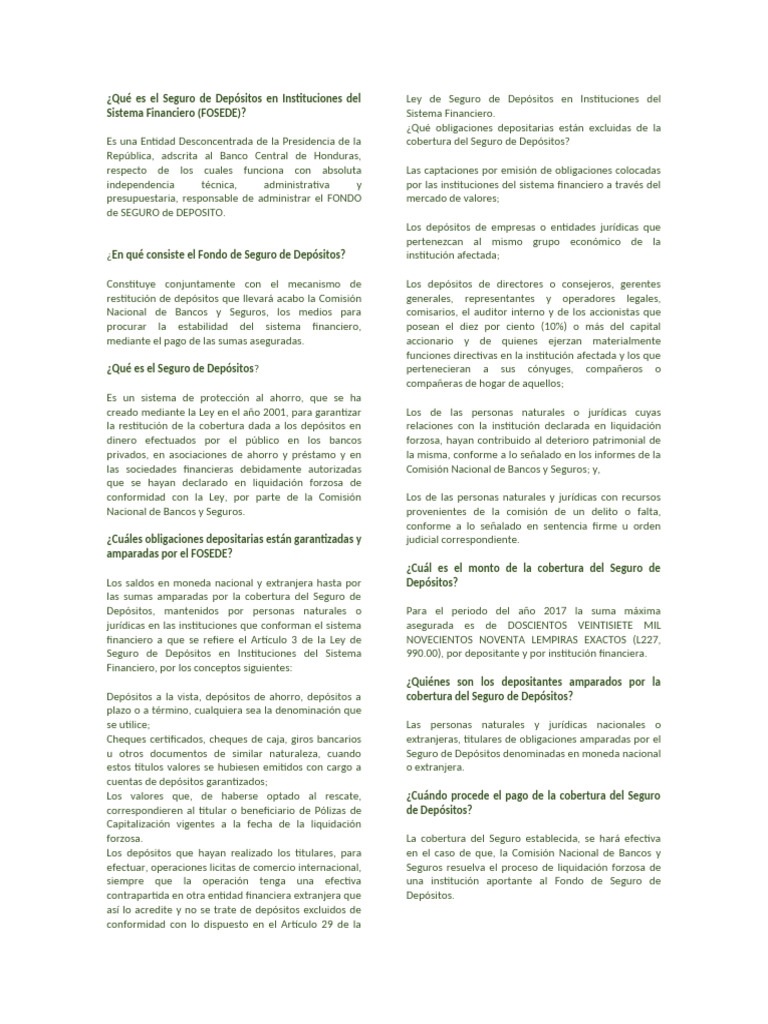 Seguro de Depósitos en Honduras: FOSEDE | PDF | Bancos | Contabilidad